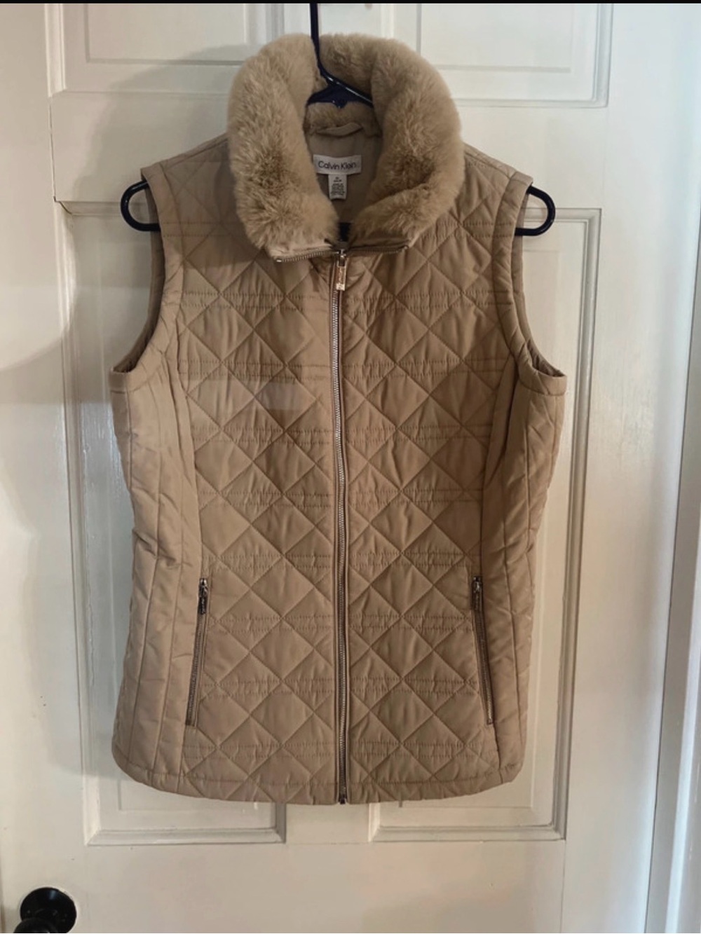 Calvin Klein Quilted Sleeveless Vest with Faux Fur Collar - Tan